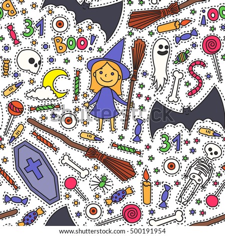 Sketchy colorful fun vector hand drawn doodle cartoon pattern on the Halloween theme. Halloween doodle patch badges, stickers.