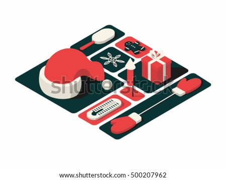 Christmas, vector isometric concept illustration, 3d icon set: hat of Santa Claus, ice cream, snow, cookie, firework, gift, thermometer, mittens