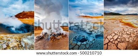 Creative collage geothermal area Hverir (Hverarond) with vertical photo. Dramatic and picturesque scene. Location place Lake Myvatn, Krafla northeastern region of Iceland, Europe. Beauty world.
