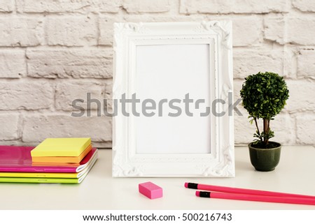 White Frame Mock Up, Digital MockUp, Display Mockup, Styled Stock Photography Mockup, Colorful Desktop Mock Up. Office desk neon pencil, pretty pink notebooks, rubber