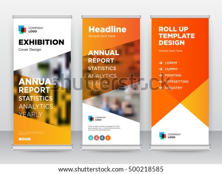 Orange Abstract Shapes Modern Exhibition Advertising Trend Business Roll Up Banner Stand Poster Brochure flat design template creative concept. Presentation. Cover Publication. Stock vector. EPS Royalty-Free Stock Photo #500218585