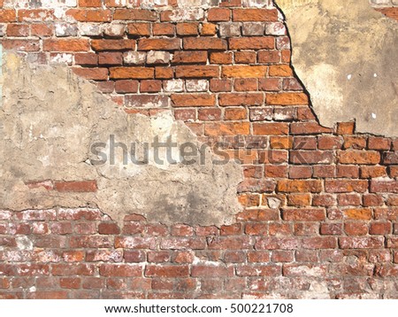 Old Vintage Red Brick Wall With Sprinkled orange Plaster Texture Background