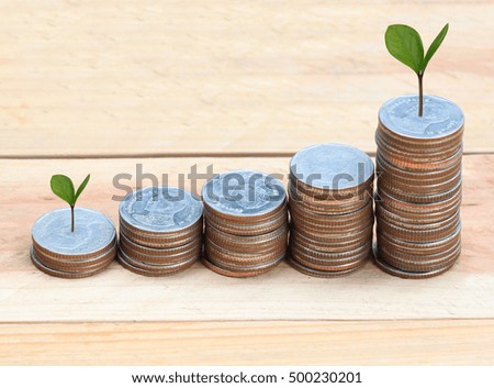 silver coin stack and treetop in business growth concept on wood floor.
