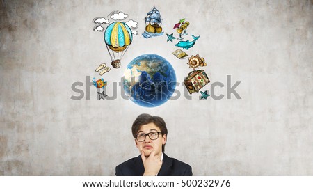 Guy full of doubts standing near planet Earth surrounded by travelling sketches. Concept of seeing the world. Elements of this image furnished by NASA.