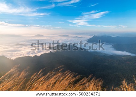 Soft Focus Morning Mist and View Point with Layers of Mountains at Phu Chi Dao, Chiangrai, Thailand.
 Royalty-Free Stock Photo #500234371