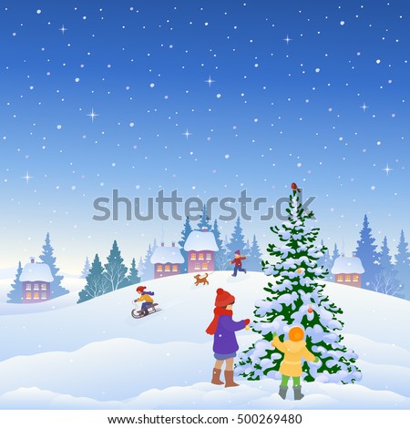 Vector cartoon illustration of kids decorating a Christmas tree and other winter fun outdoors in a small snowy town, square background