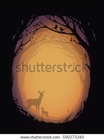 natural background with trees, plants, deer, rabbit and birds. vector illustration
