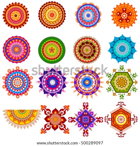 easy to edit vector illustration of collection of colorful rangoli pattern for India festival decoration Royalty-Free Stock Photo #500289097