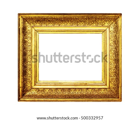 Aged gold frame border isolated on white background. Wooden frame photo.