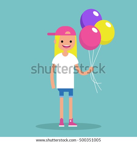 Young blond girl holding a bunch of colorful balloons, editable flat vector illustration