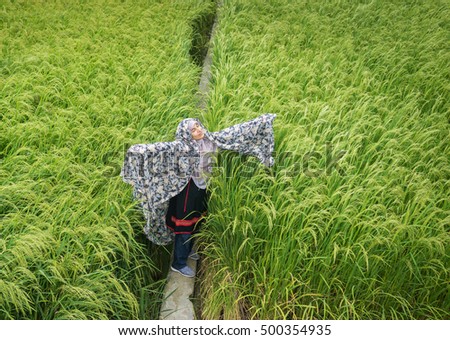 Beautiful happy Muslim woman in green field