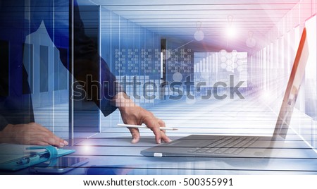 Project Manager Researching Process.Business Team Working Startup modern Office.Global Strategy Virtual Icon.Innovation Graphs Interfaces.Analyze market stock.Blurred