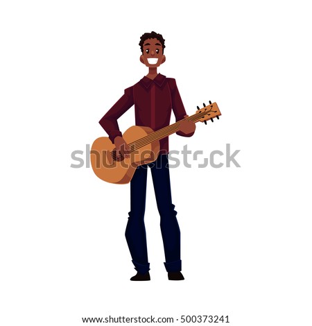 Young African American male guitar player, cartoon vector illustration isolated on white background. Full height portrait of black man with a wide smile playing guitar
