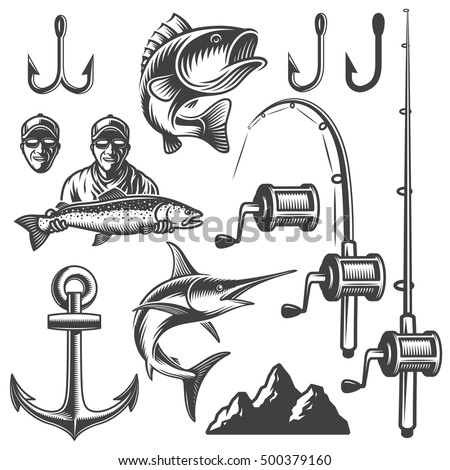 Set of vintage monochrome fishing elements isolated on white background