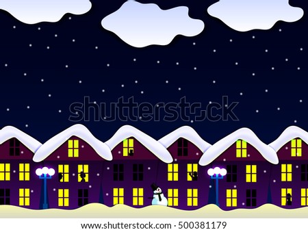 vector illustration of a night scene of a snow-covered house lights in the windows lights silhouettes snowman snow, eps10