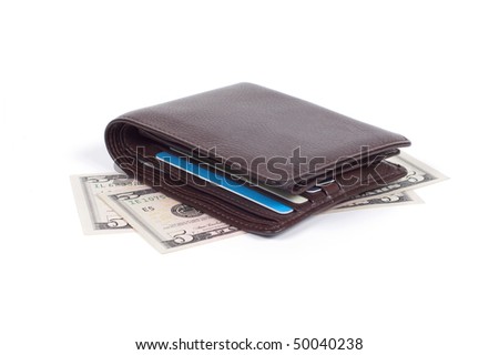 Purse with money isolated on a white background shadow below.