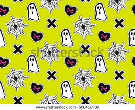 Vector Halloween seamless pattern with ghost,heart,bones,spider.Vector background in sketch style for decoration halloween designs.Comic spook and cross print for wrapping paper,fabric,textiles.