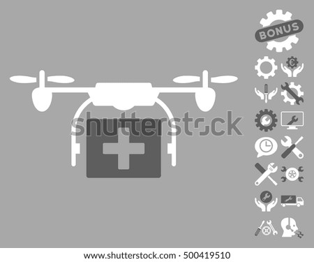 Ambulance Drone pictograph with bonus tools pictograph collection. Vector illustration style is flat iconic symbols, dark gray and white colors, silver background.
