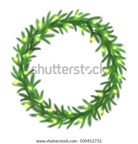 Vector Christmas wreath of fir branches with glowing lights. Frame for Xmas Holiday greeting cards. 