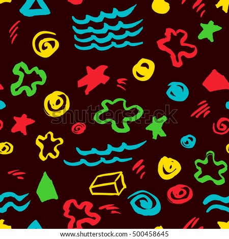 Hand drawn abstract seamless pattern with artistic stars, dots, spirals, geometric elements in ink doodle style. Design element for textile and wrapping paper in green, red, blue and yellow colors