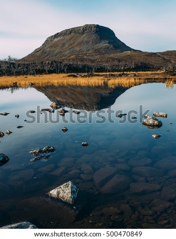 Autumn color on Kilpisjarvi and Saana Fell side of the lake. Finnish tundra landscape