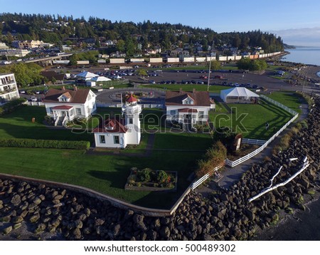 Aerial view of Elliot point, Lighthouse Park and Mukilteo Beach Royalty-Free Stock Photo #500489302