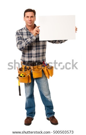 Construction Worker Contractor Carpenter with Blank Sign on White