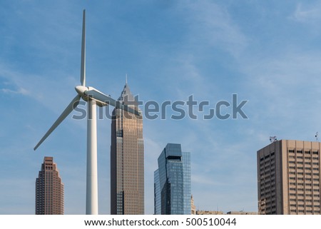 Wind turbine in the skyline of Cleveland, Ohio