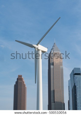 Wind turbine in the skyline of Cleveland, Ohio