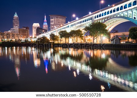 Cleveland city skyline and Detroit-Superior Bridge at night across the Cuyahoga river