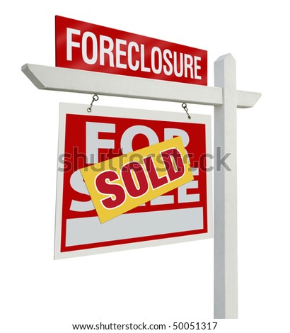 Sold Foreclosure Home For Sale Real Estate Sign Isolated on a White Background with Clipping Paths - Left Facing.