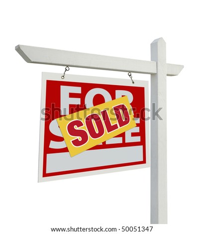 Sold For Sale Real Estate Sign Isolated on a White Background with Clipping Paths - Facing Left.