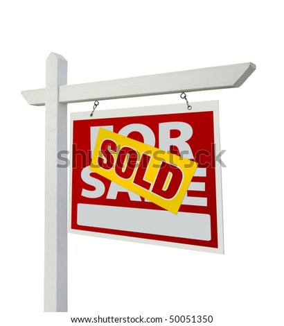 Sold For Sale Real Estate Sign Isolated on a White Background with Clipping Paths - Facing Right.