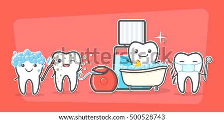 Cartoon teeth care and hygiene concept. Floss, toothbrush, mouthwash, mirror, probe. Treatment, and hygiene. Healthy happy teeth vector illustration Royalty-Free Stock Photo #500528743