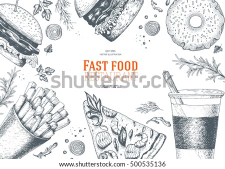 Fast food top view frame. Fast food banner, snack collection. Vintage vector illustration with french fries, hamburger, shwarma and pizza. Drawn in ink. Set of fast food, junk food.
