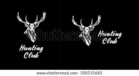 Black and white monochrome emblem, symbol, logotype, sign, badge, sticker, poster of deer. Identity, T-shirt, textile, cloth, apparel, tattoo, print usage