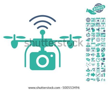 Radio Camera Drone pictograph with bonus calendar and time management clip art. Vector illustration style is flat iconic symbols, cobalt and cyan colors, white background.