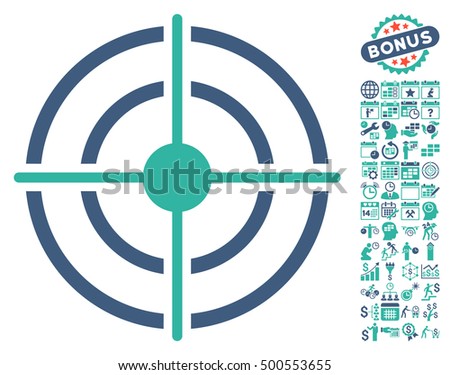 Target pictograph with bonus calendar and time service pictograph collection. Vector illustration style is flat iconic symbols, cobalt and cyan colors, white background.