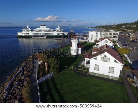 Aerial view of Elliot point, Lighthouse Park and Mukilteo Beach Royalty-Free Stock Photo #500559424