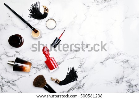 Flat lay. Accessories on the marble table. Mockup product . Woman desktop