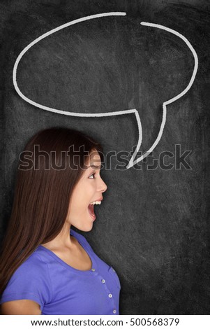 Student speaking loud with empty speech bubble drawing on chalkboard blackboard for teaching concept. Fun copy space text advertisement texture background. Black school board Chalkboard blackboard.