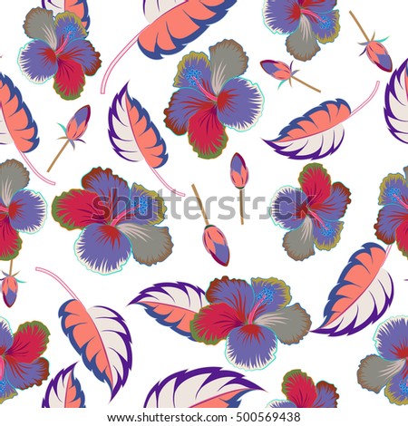 Vector hibiscus pattern. Multicolored floral seamless pattern with hibiscus flowers, watercolor hand drawing style on white background. Design for invitation, wedding or greeting cards.