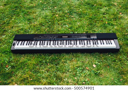 electric piano on green grass background