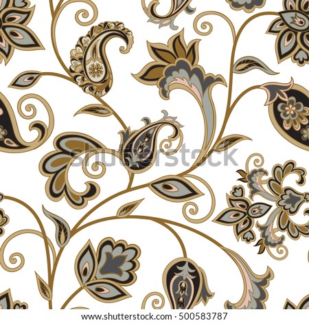 Flourish tiled pattern. Floral oriental ethnic background. Arabic ornament with fantastic flowers and leaves. Wonderland motives of the paintings of ancient Indian fabric patterns. Royalty-Free Stock Photo #500583787