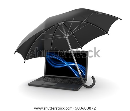 Black umbrella over laptop , This is a 3d rendered computer generated image. Isolated on white.