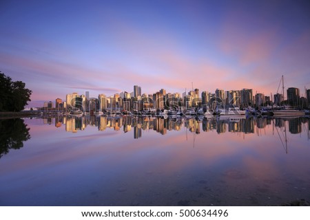 Downtown Vancouver sunset from Coal Harbor, Stanley Park
