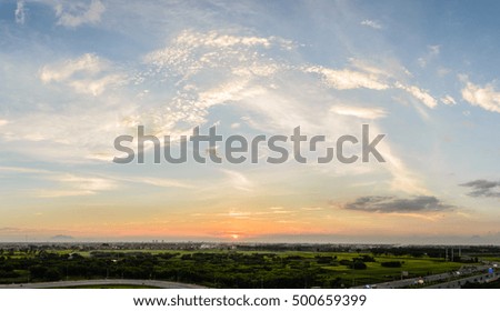 White clouds, blue sky, sunset lanscape