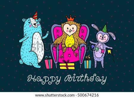 Happy birthday card. Vector illustrated poster with owl, bear and rabbit characters.