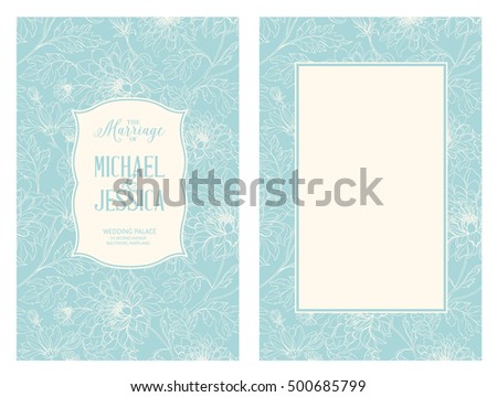 Marriage card with blooming flowers isolated over blue background. Flowers in vintage style. Marriage invitation card of engraving flowers. Vector illustration.