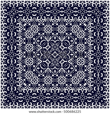Square white pattern on a blue background. Decorative ornament to the handkerchief. Vector illustration.